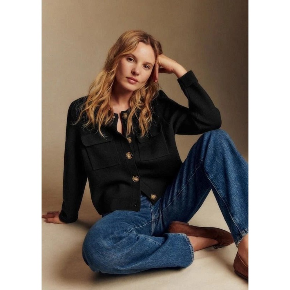 Sezane Women's Betty Merino Cardigan Wool Knit Cardigan Jacket Size M Black